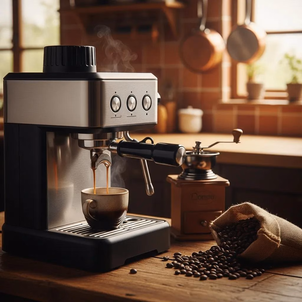 Budget espresso machine brewing a fresh shot of espresso in a cozy kitchen