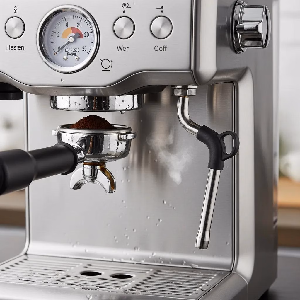 Close-up on a portafilter and steam wand, the most important parts of a budget espresso machine