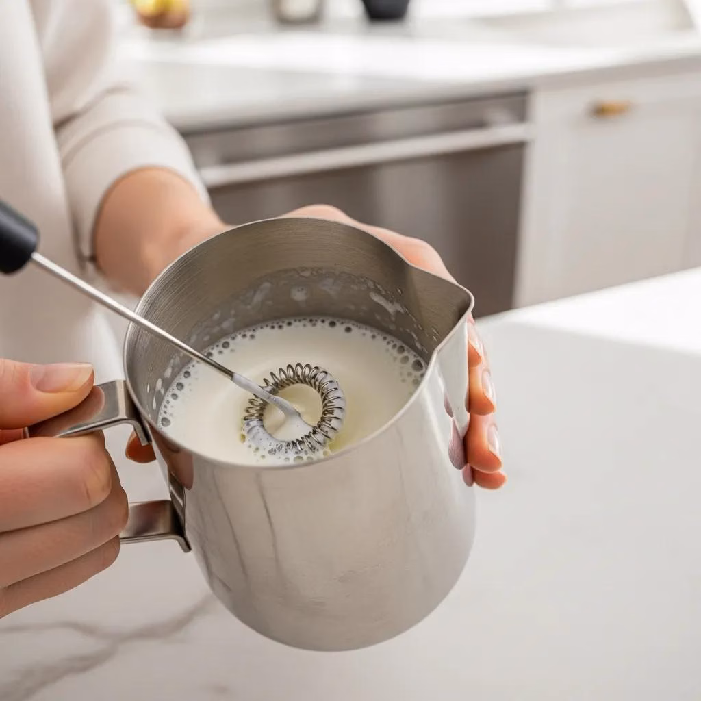 Frothing milk with a handheld frother in a bright kitchen