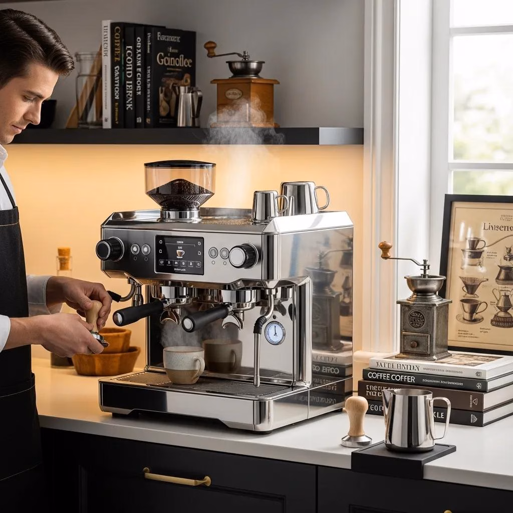A modern espresso machine in a kitchen with a barista preparing espresso and coffee decor