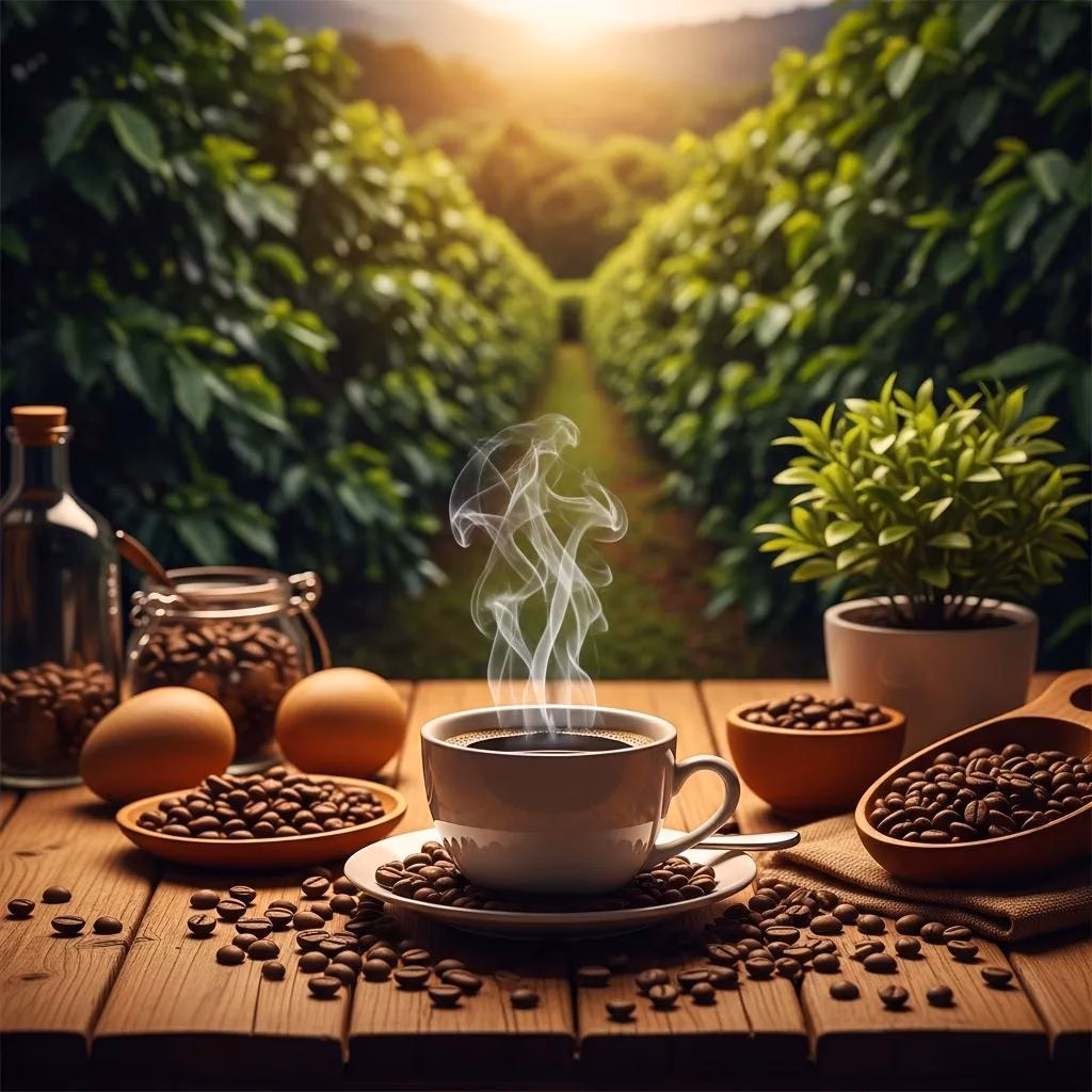 A steaming cup of coffee on a wooden table with coffee beans and a coffee farm in the background