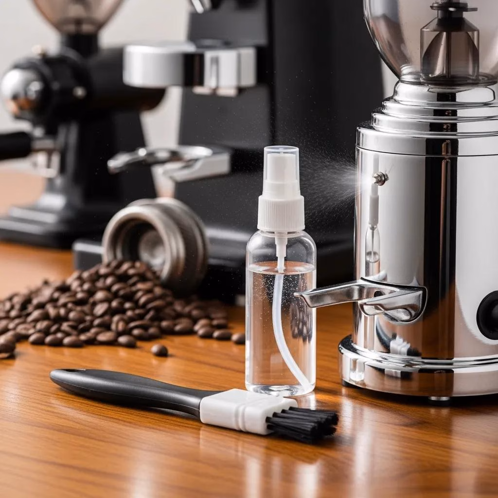 Anti-static tools for grinders: a brush and spray bottle on a countertop