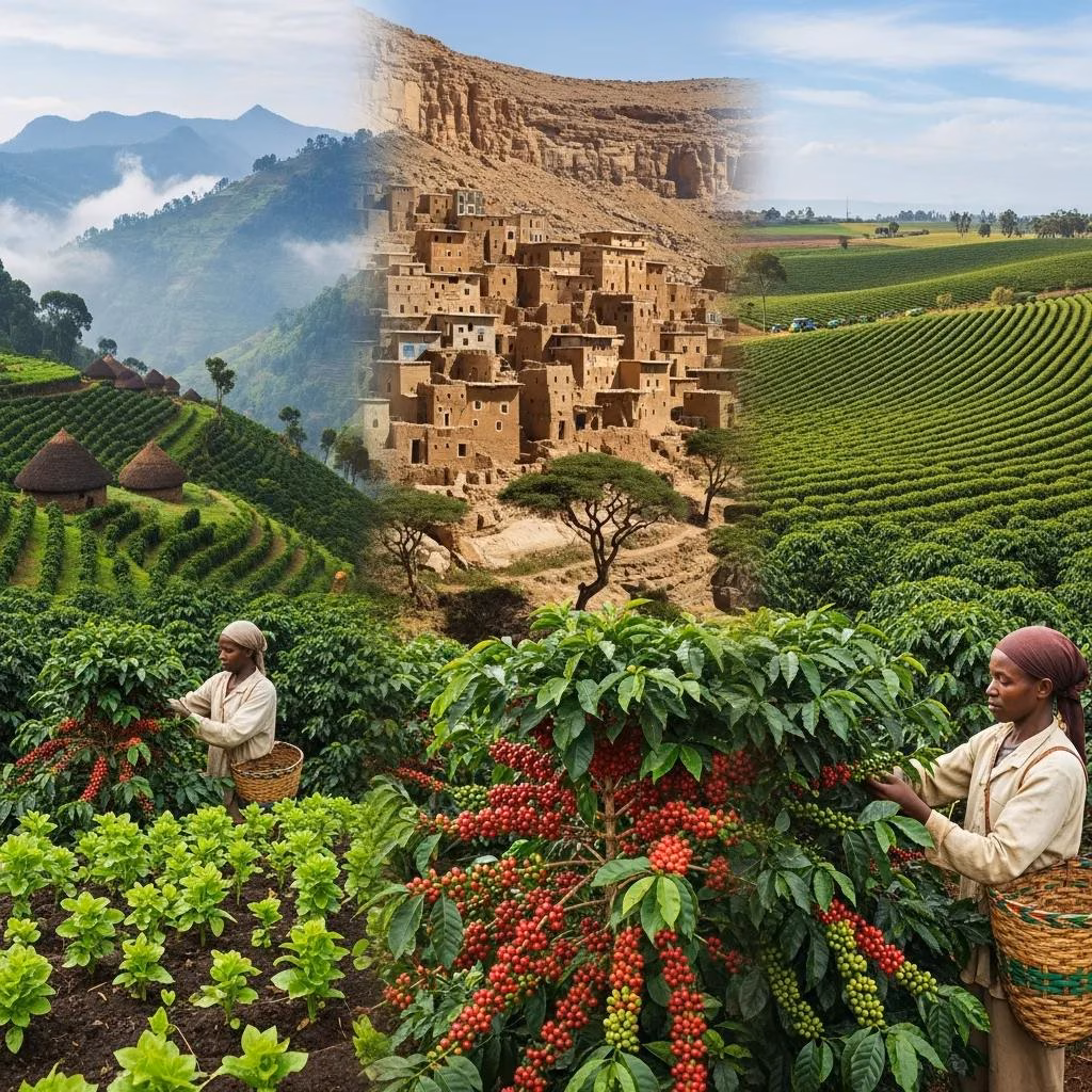 Coffee cultivation landscape showing Ethiopian mountains, Yemeni arid fields, and Brazilian coffee farms