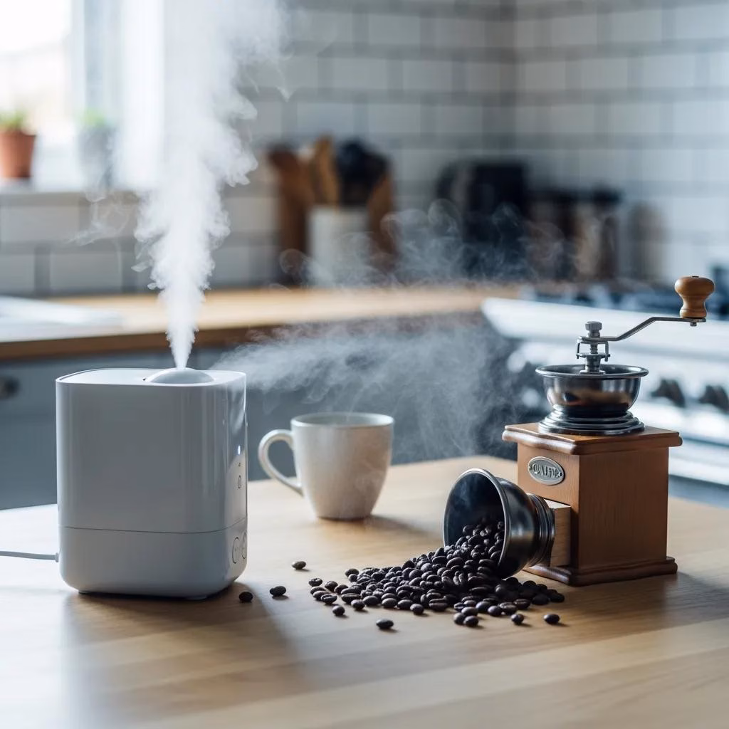 Home humidifier next to coffee beans and a grinder, showing humidity's effect