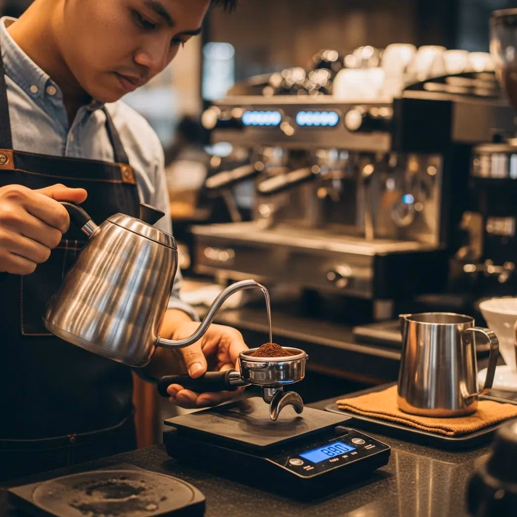 Barista measuring coffee and water for brew ratio, highlighting the importance of precision in espresso extraction