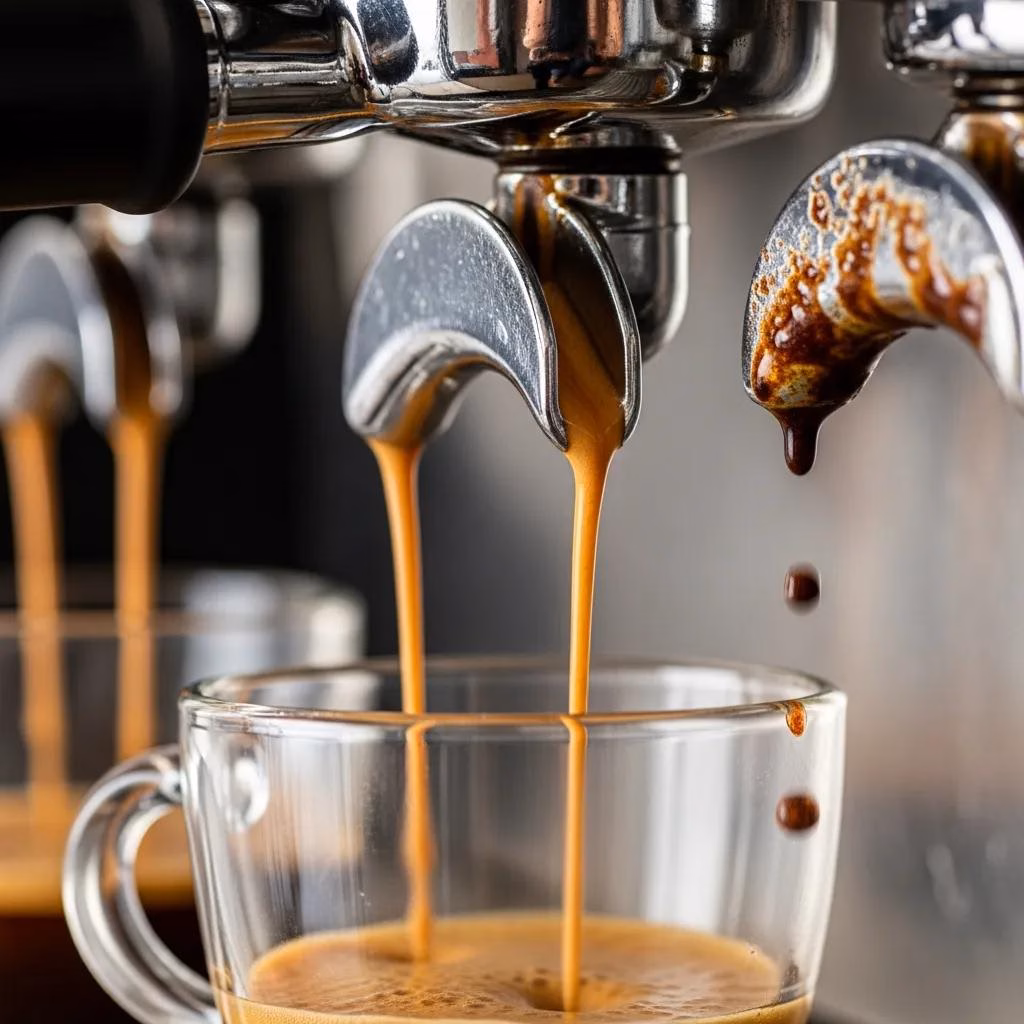 Close-up of espresso extraction showing crema, representing challenges in achieving high ratio espresso shots