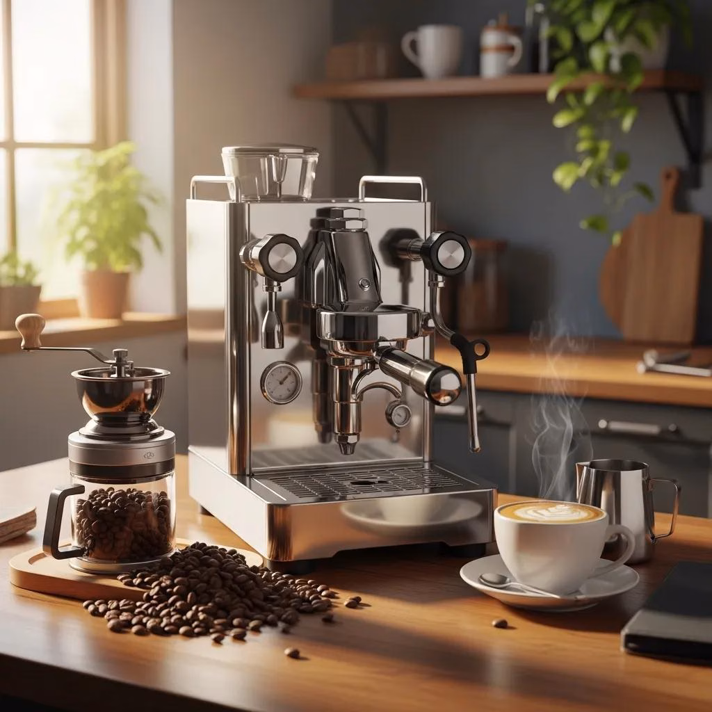 Espresso machine with freshly brewed espresso and coffee beans, illustrating high ratio espresso extraction