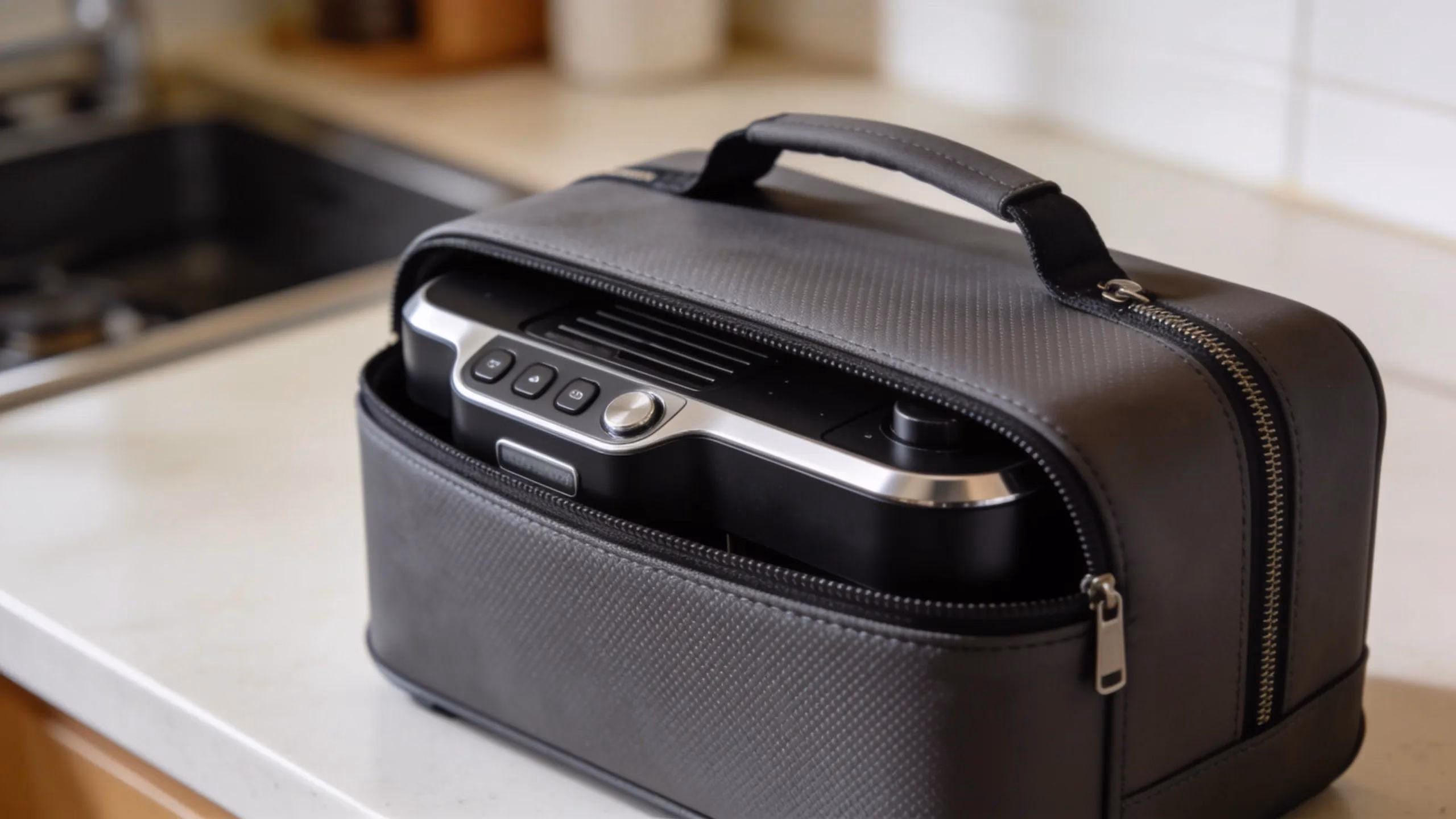 Compact portable espresso machine in a travel case on a kitchen counter