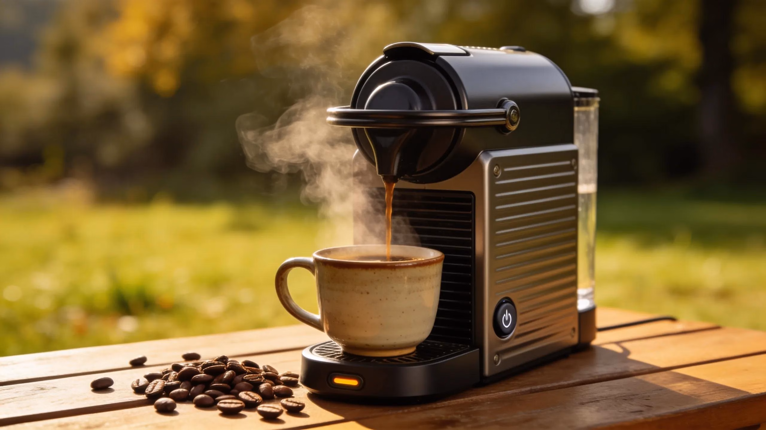 Self-heating portable espresso machine being used outdoors with coffee cup and beans
