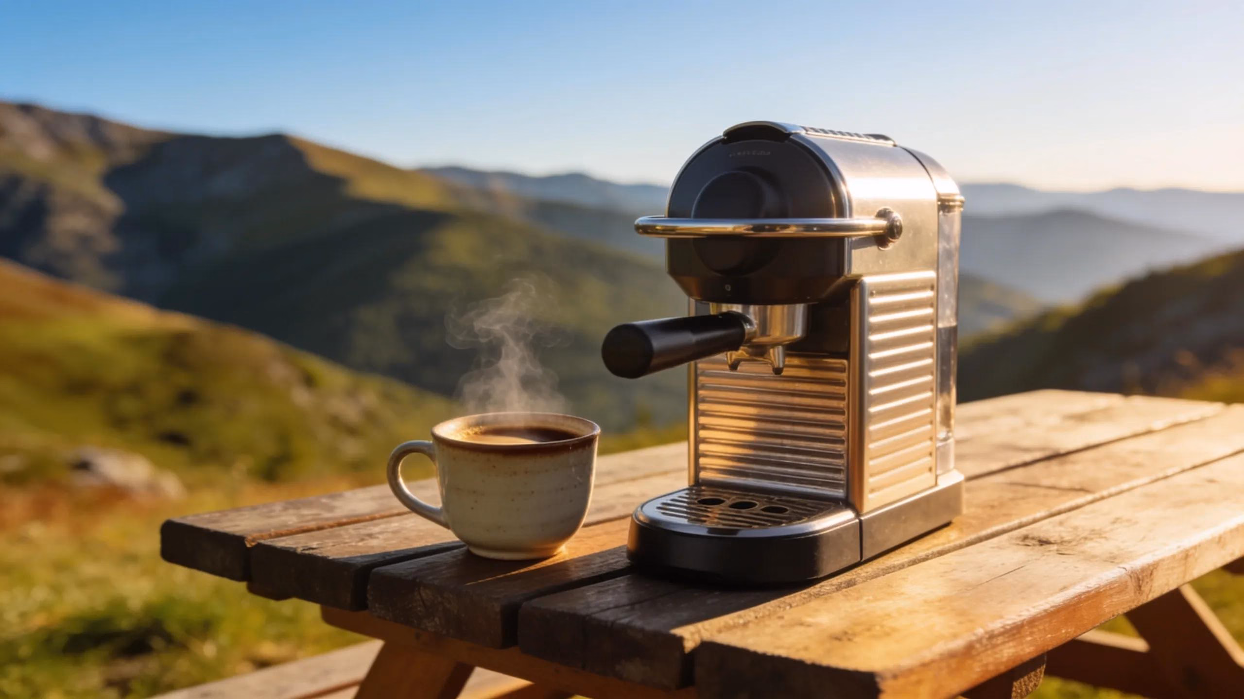 Portable espresso machine in a scenic outdoor setting with a steaming cup of espresso